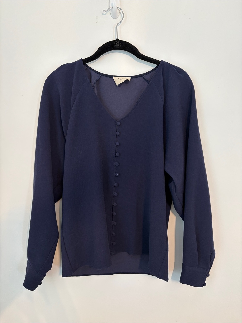 Sezane Navy Button-Front Blouse